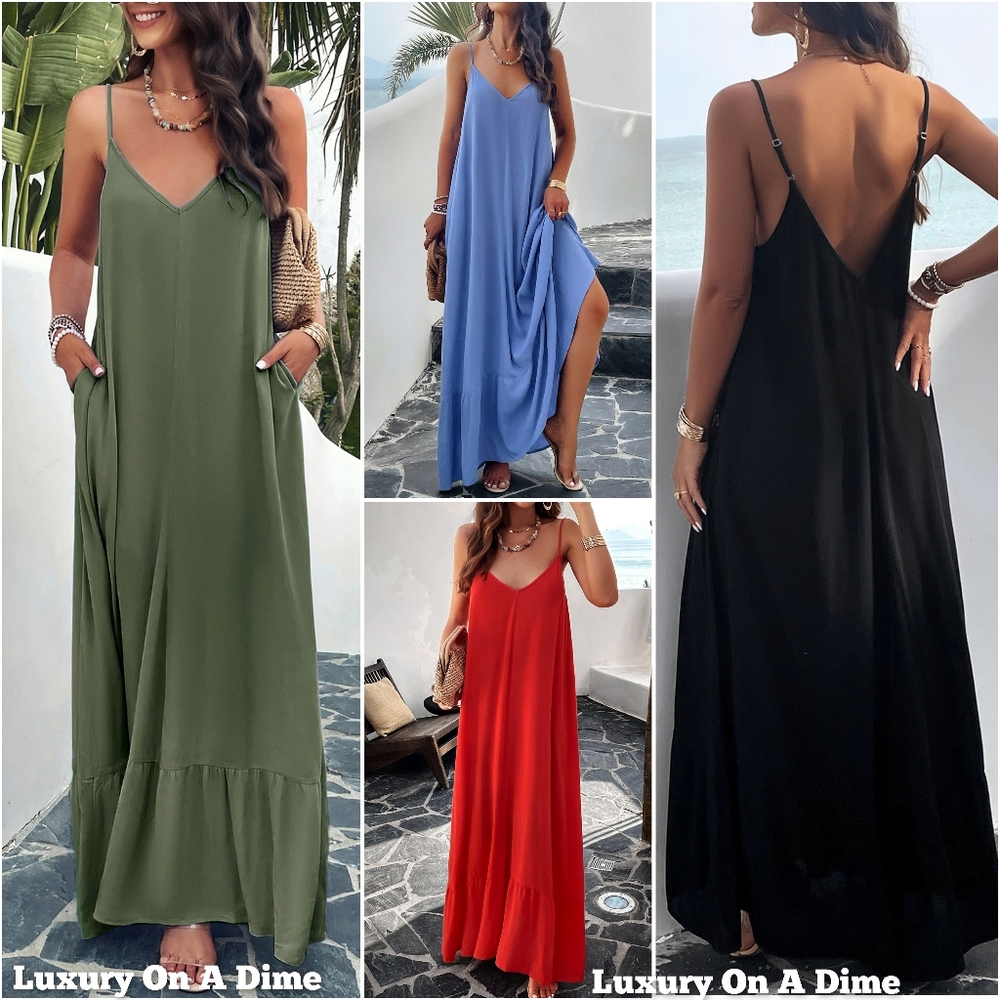 Oversized Pocket Casual Sleeveless V-Neck Low Back Long Summer Maxi Dress - Picture 12 of 12